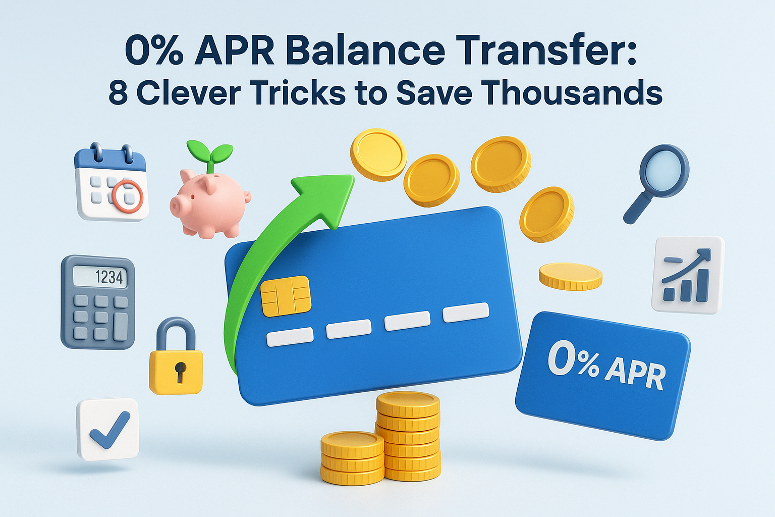 0% APR Balance Transfer Credit Card: 8 Clever Tricks to Save Thousands 3D financial illustration showing a large blue credit card transferring gold coins to a smaller 0% APR card with a green arrow, surrounded by icons including a calendar, piggy bank, calculator, padlock, magnifying glass, clock, checklist, and rising chart, with the blog title "0% APR Balance Transfer: 8 Clever Tricks to Save Thousands" on a clean blue and white background.