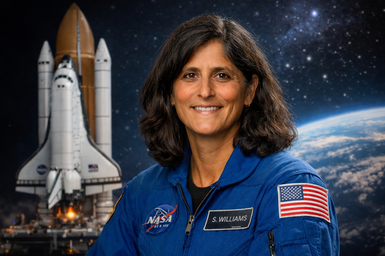 NASA astronaut Sunita Williams in her blue flight suit with Earth visible from space
